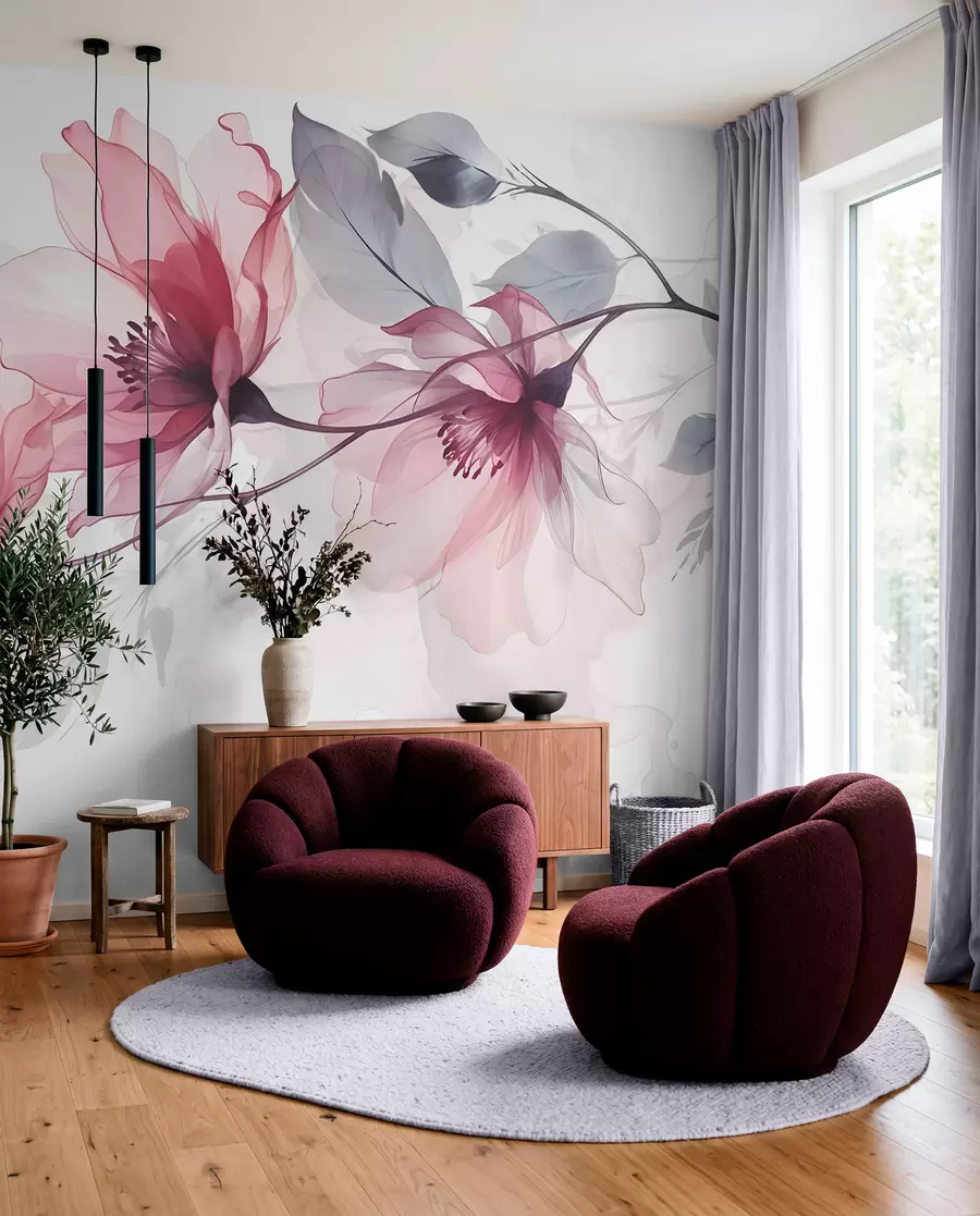 murales de pared Delicadas flores transparentes rosas y grises con pétalos suaves y difuminados sobre fondo blanco w08429
