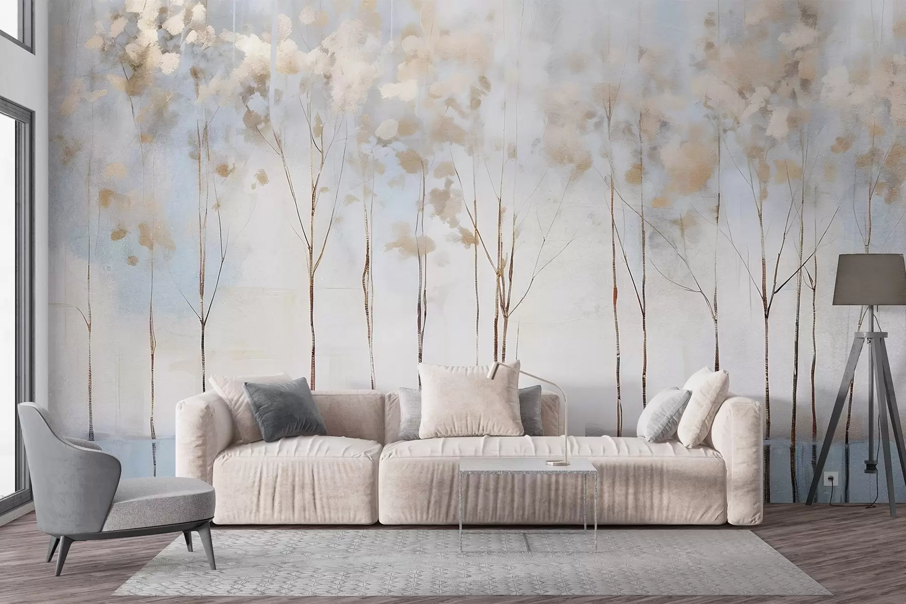 murales de pared Árboles desnudos en pastel abstracto borrosa paisaje minimalista de invierno con un fondo suave y brumoso w08430