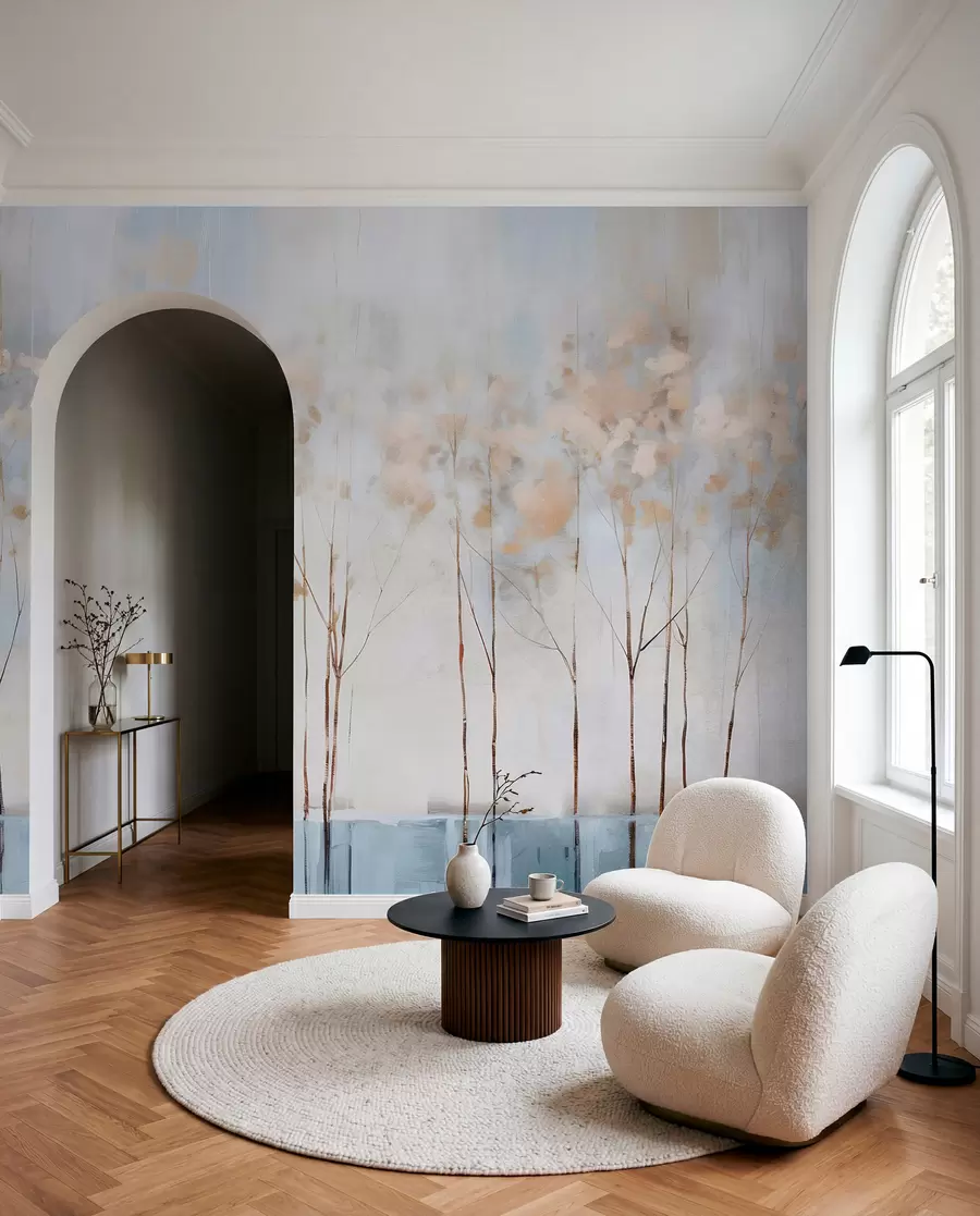 murales de pared Árboles desnudos en pastel abstracto borrosa paisaje minimalista de invierno con un fondo suave y brumoso w08430