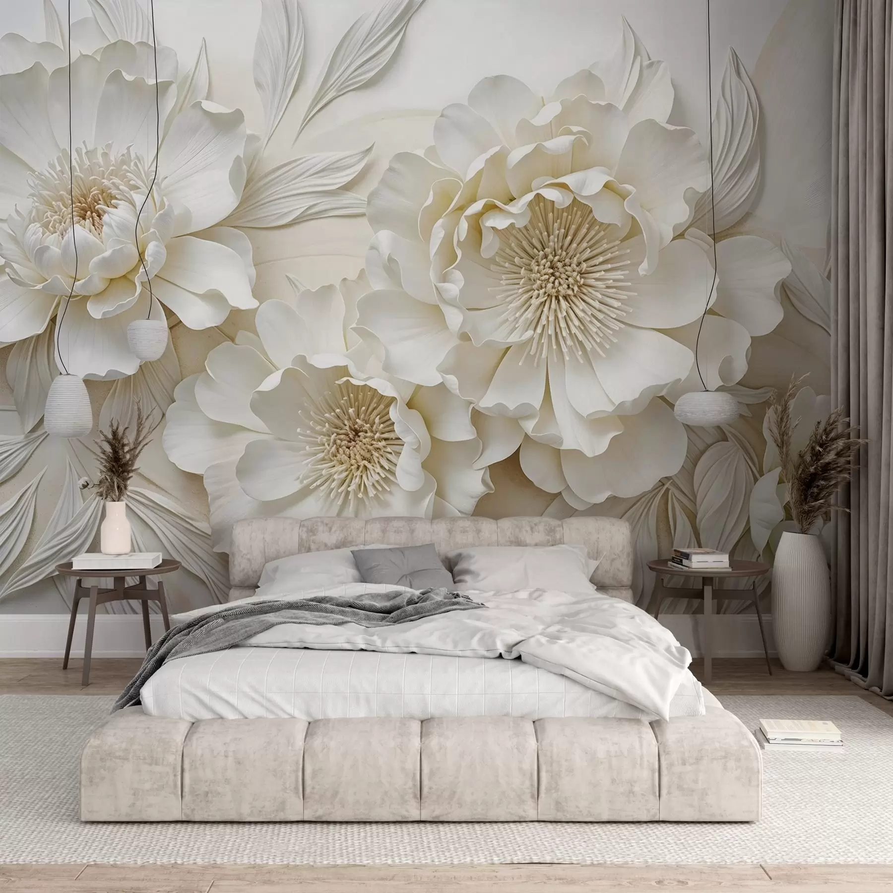 murales de pared Elegantes y voluminosas flores de imitación de peonía blanca con suaves pétalos y centros amarillo pastel, sobre un fondo claro w08431