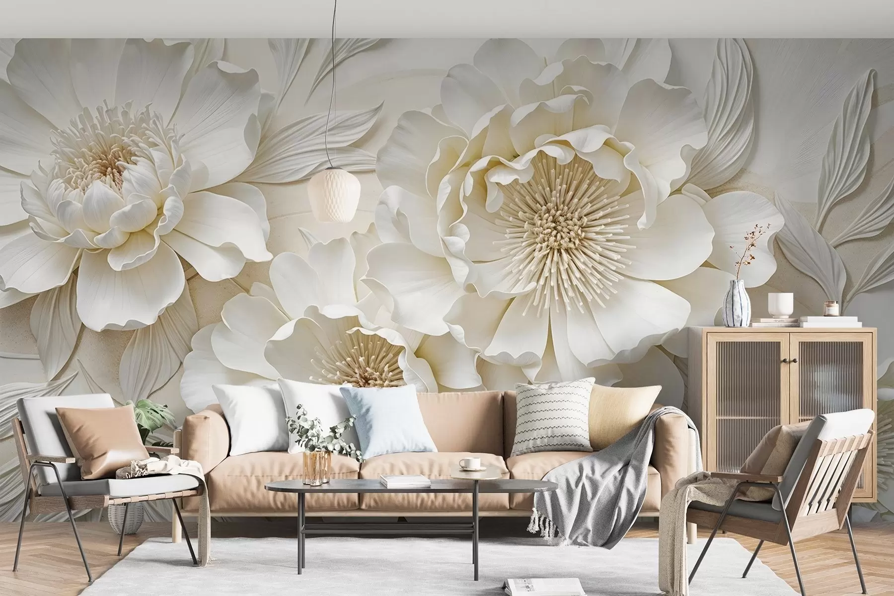 murales de pared Elegantes y voluminosas flores de imitación de peonía blanca con suaves pétalos y centros amarillo pastel, sobre un fondo claro w08431