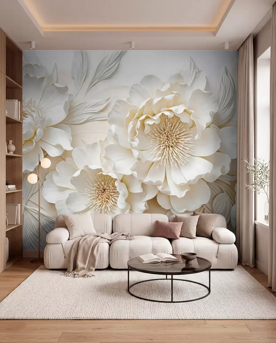 murales de pared Elegantes y voluminosas flores de imitación de peonía blanca con suaves pétalos y centros amarillo pastel, sobre un fondo claro w08431
