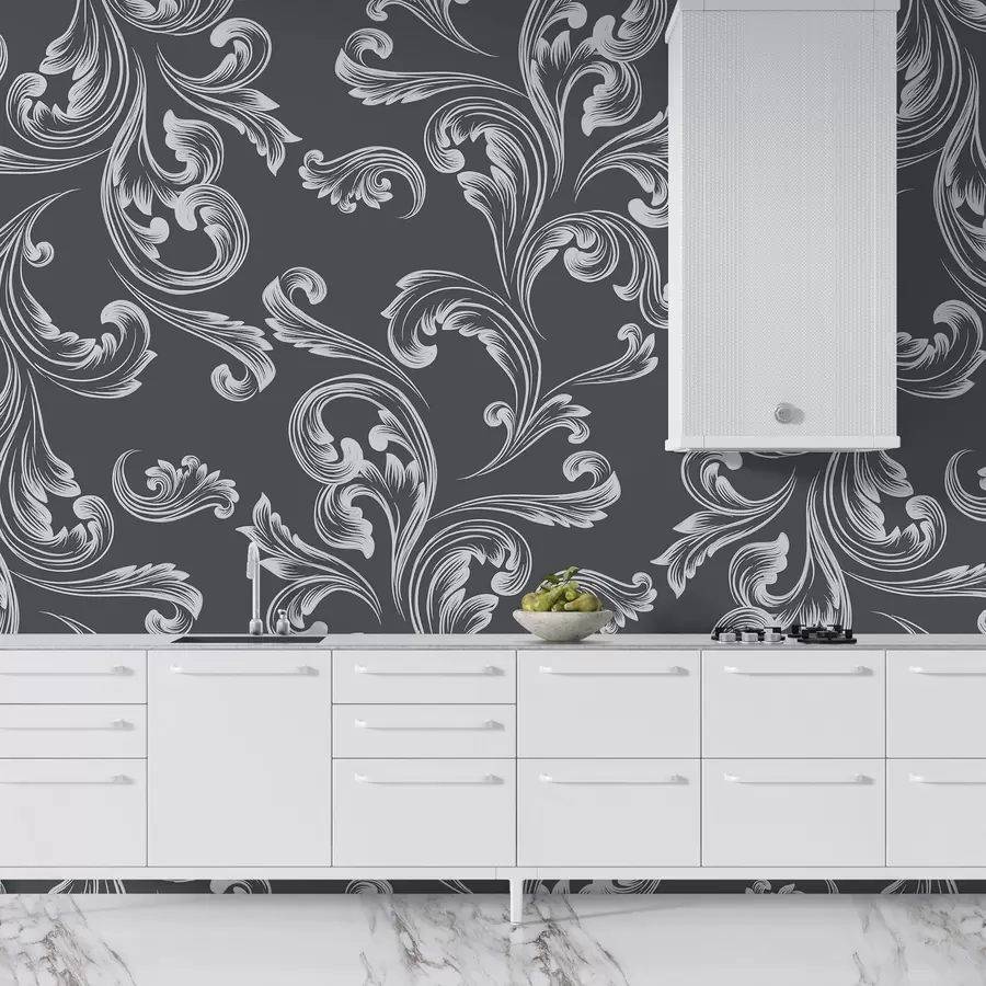 murales de pared Damasco, adorno monograma, tono gris w02247v1