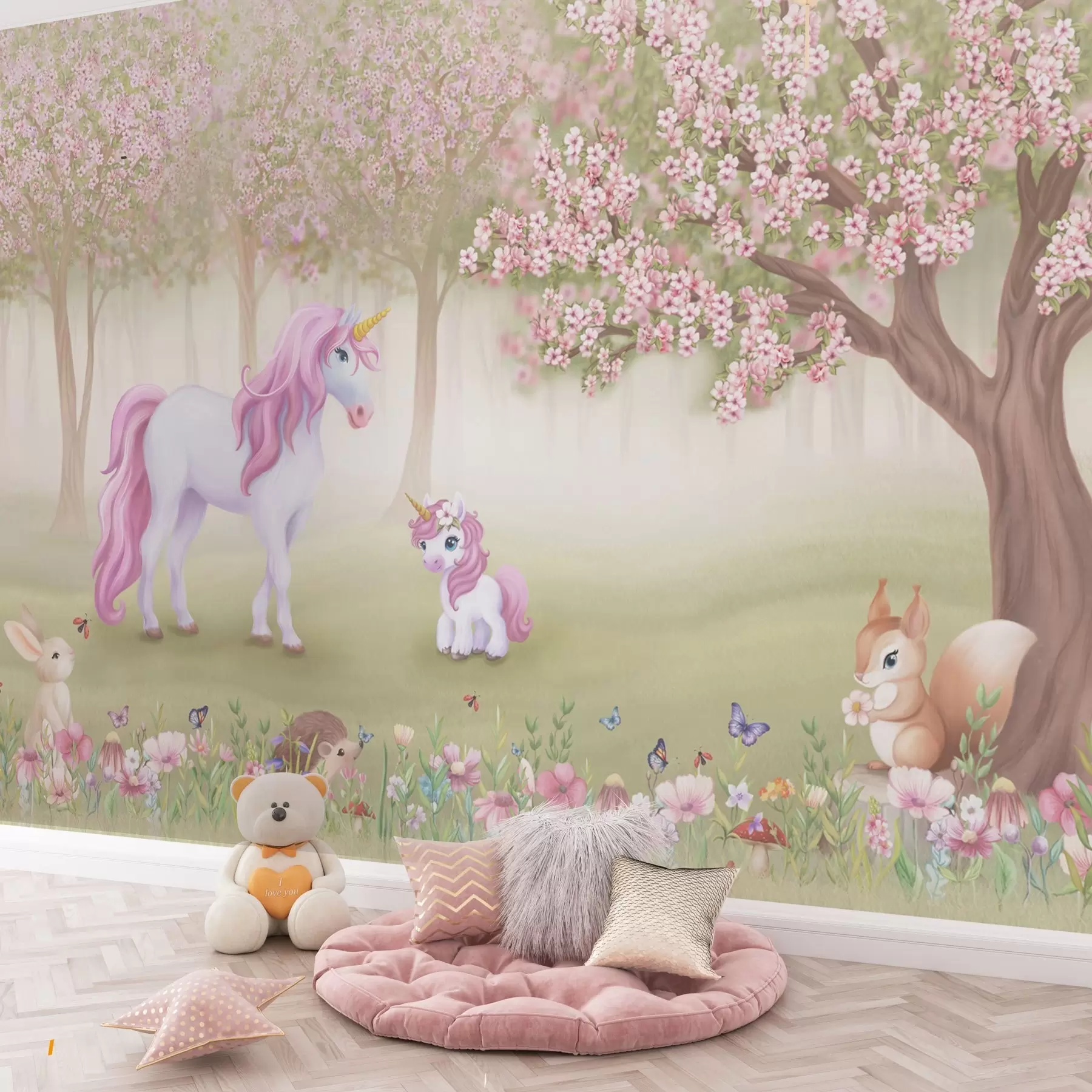 murales de pared Unicornios en un bosque mágico con animales w02269