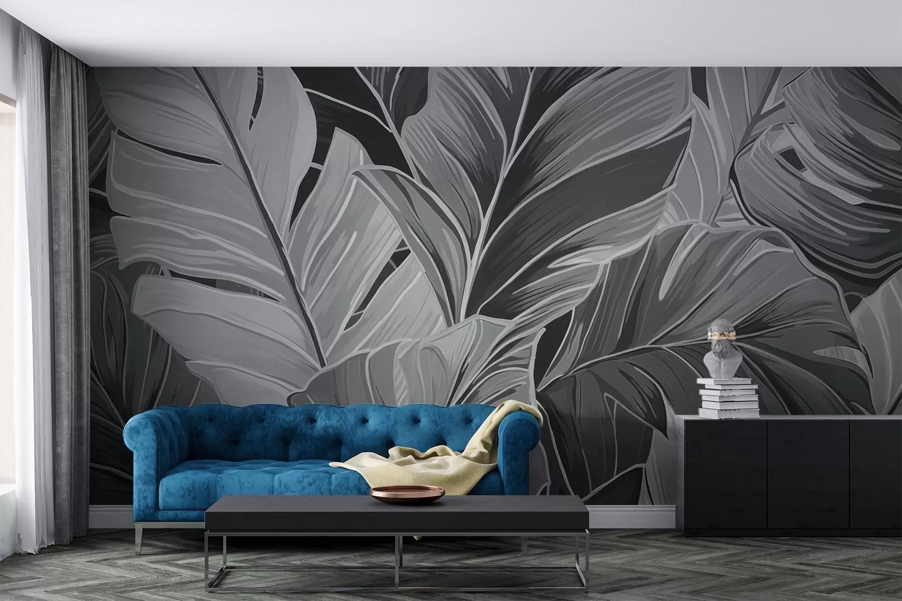 murales de pared Follaje tropical monocromo en blanco y negro w02261
