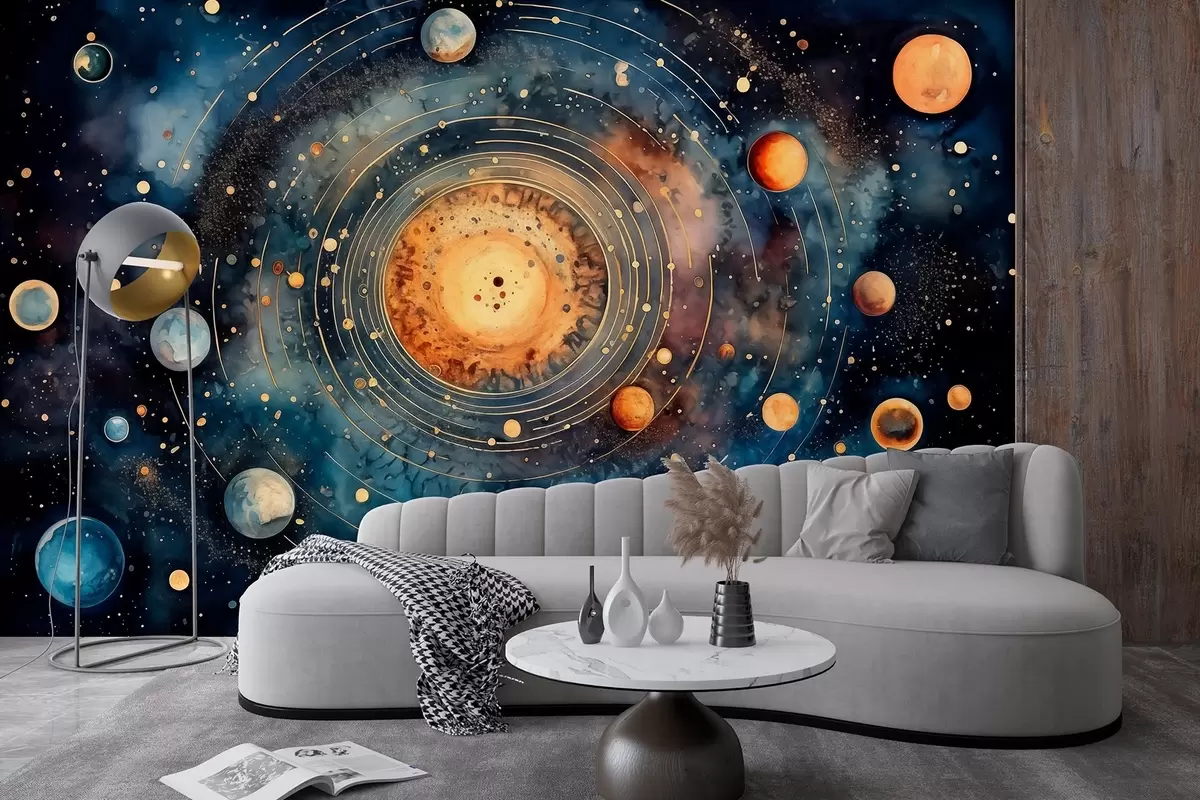 murales de pared Arte cósmico, estilo acuarela, sol, plamets, estrellas, espacio profundo w02268
