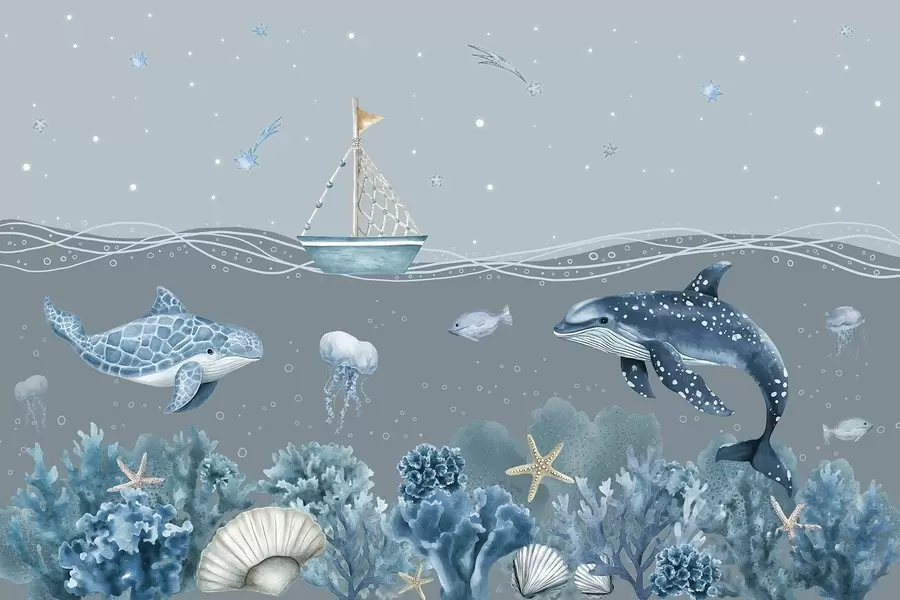 murales de pared Vida marina, estilo acuarela, corales, barco, delfín, medusa, cielo estrellado, colores azules suaves w02310v3