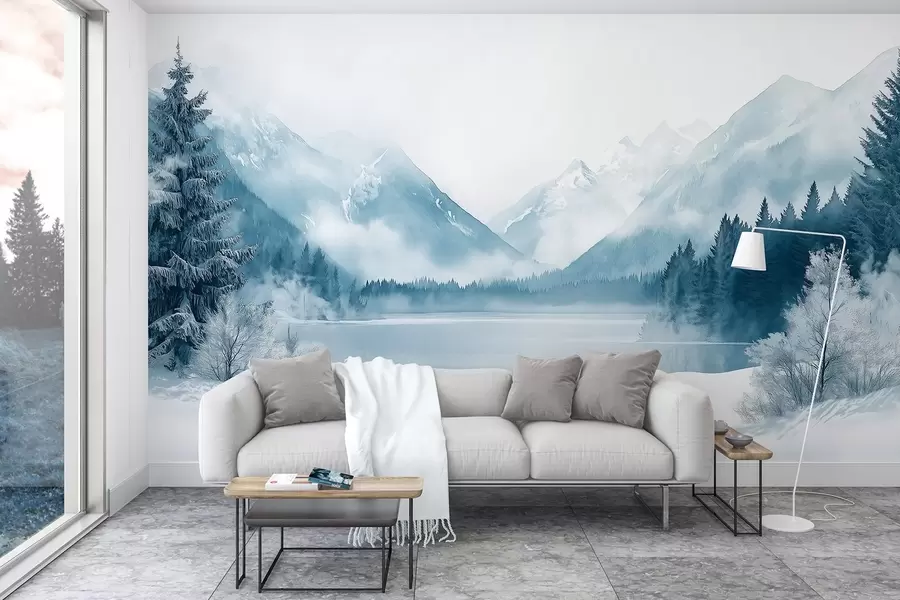 murales de pared Montañas invernales, lago helado, bosque de pinos, paleta de colores azules, estilo acuarela w02354