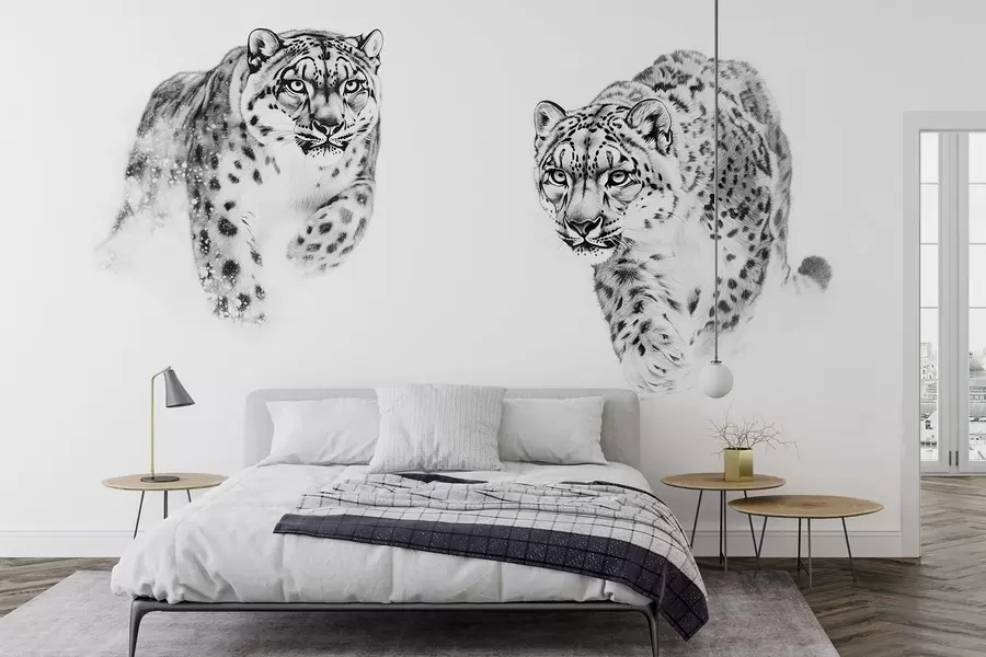 murales de pared Leopardos de las nieves, invierno, animales salvajes, dibujo a lápiz, minimalismo w02359