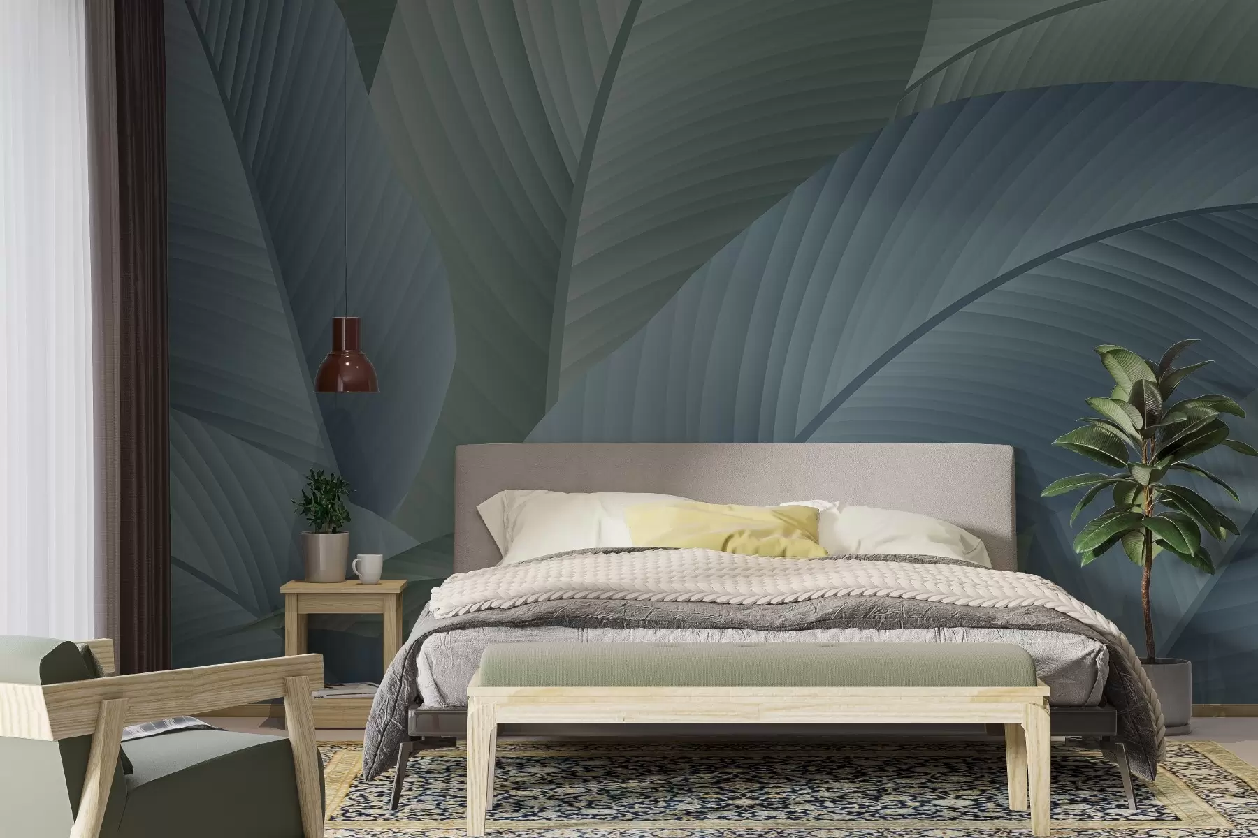 murales de pared Hojas grandes de color azul w02366
