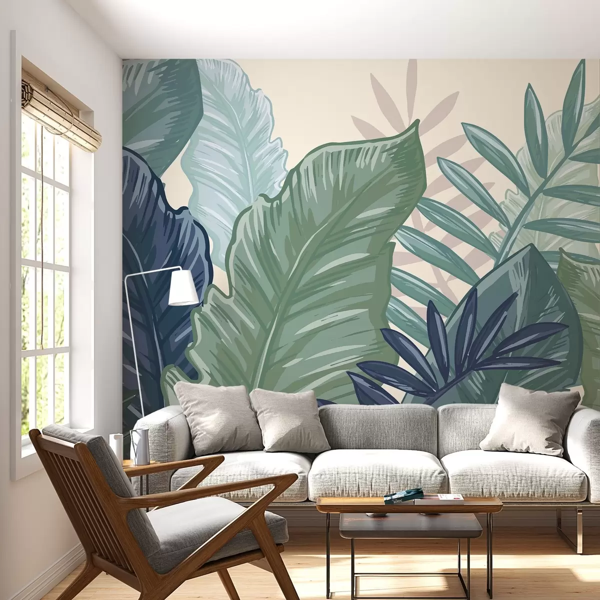 murales de pared Hojas tropicales con fondo beige claro w02367