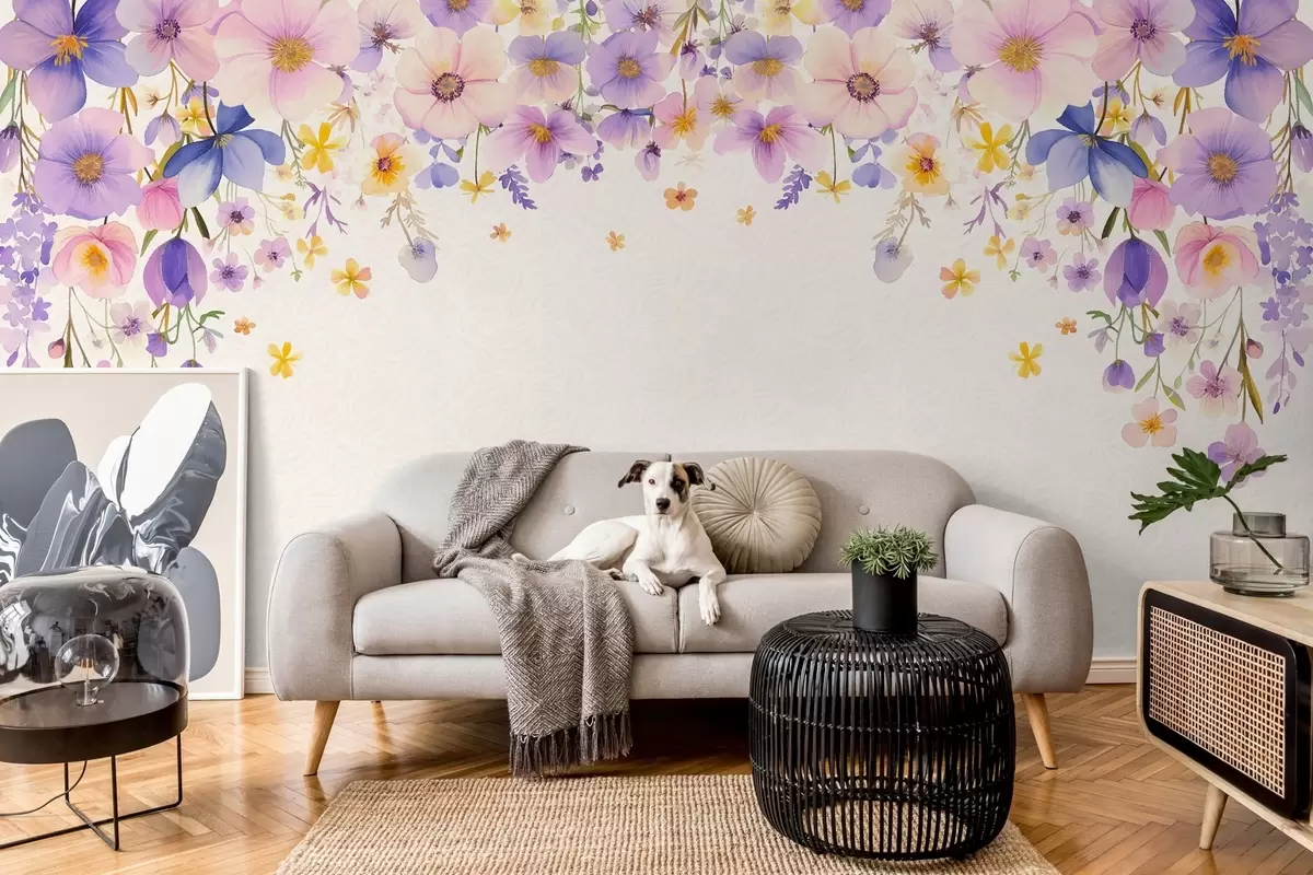 murales de pared Delicado arreglo floral con flores de acuarela en suaves tonos pastel de rosa, morado y amarillo. Las flores caen suavemente en cascada desde arriba, dejando un ligero fondo estampado debajo. w02345
