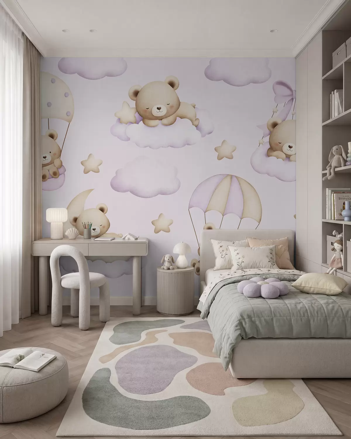 murales de pared Osos en paracaídas y nubes sobre fondo rosa w02385v1
