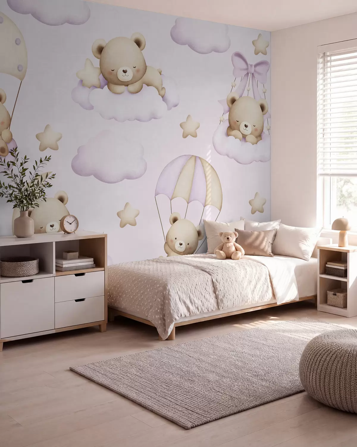 murales de pared Osos en paracaídas y nubes sobre fondo rosa w02385v1