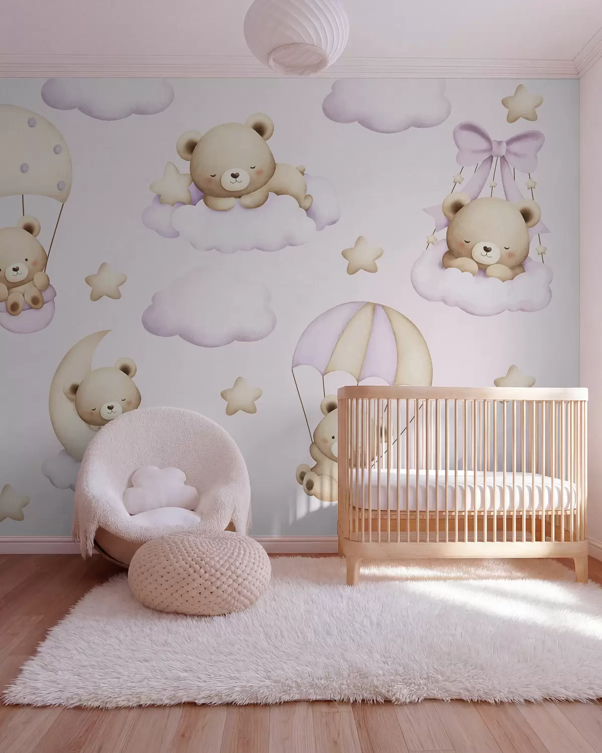 murales de pared Osos en paracaídas y nubes sobre fondo rosa w02385v1