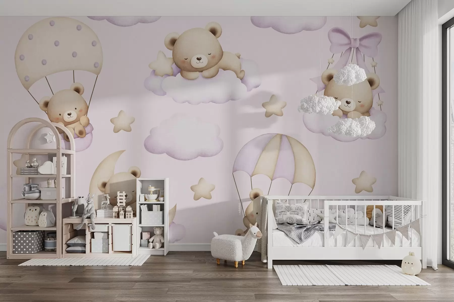 murales de pared Osos en paracaídas y nubes sobre fondo rosa w02385v1