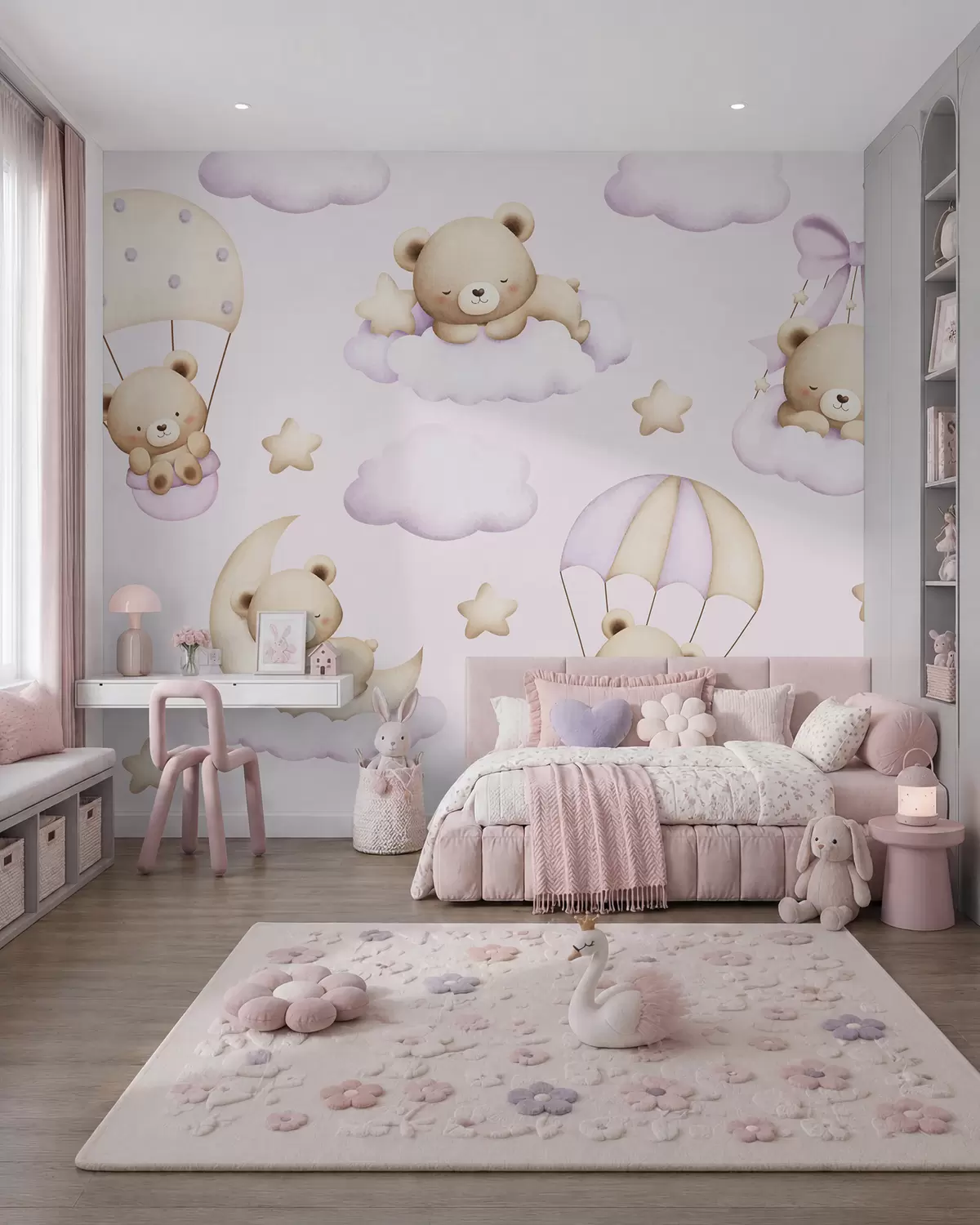 murales de pared Osos en paracaídas y nubes sobre fondo rosa w02385v1