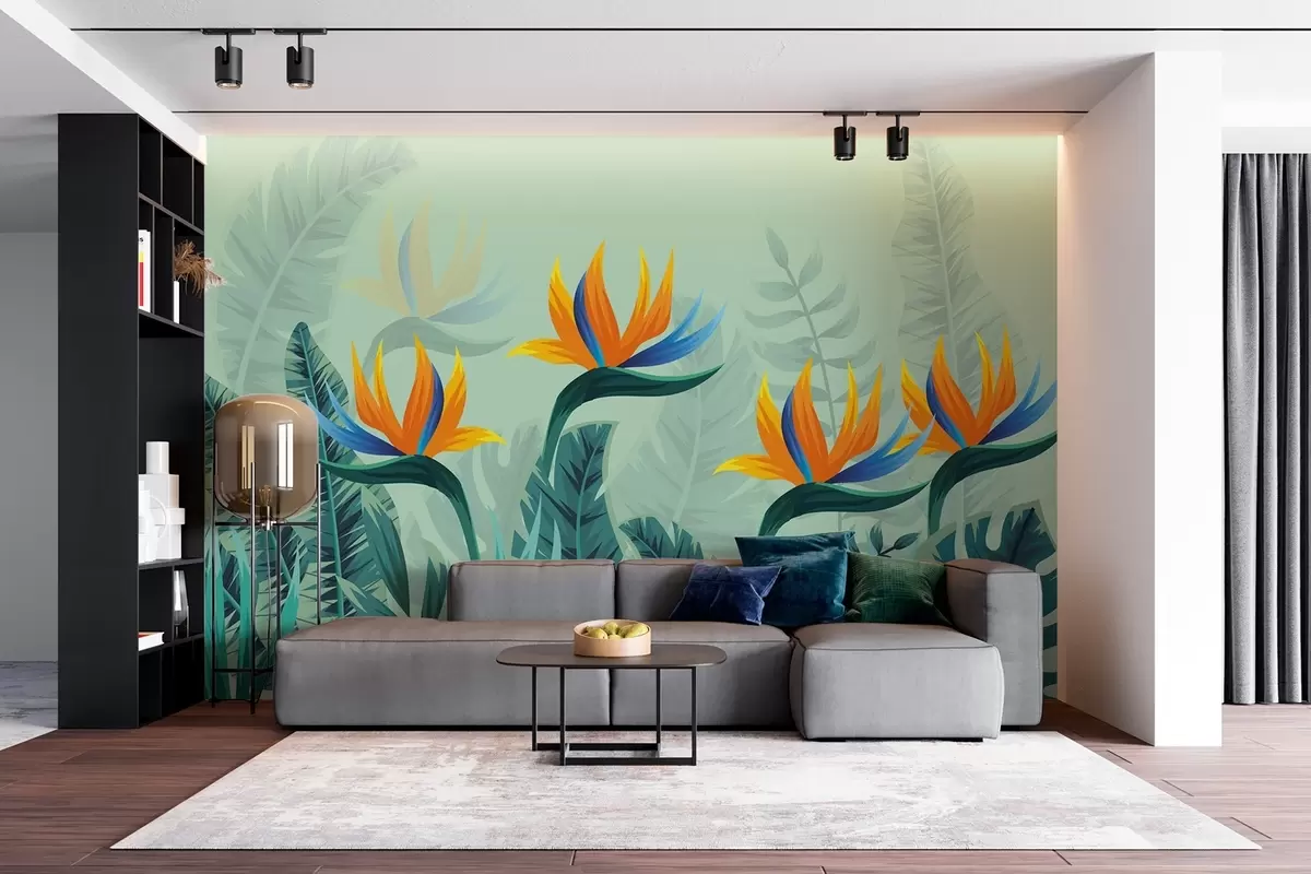 murales de pared Hojas brillantes sobre fondo verde con líneas blancas w02301