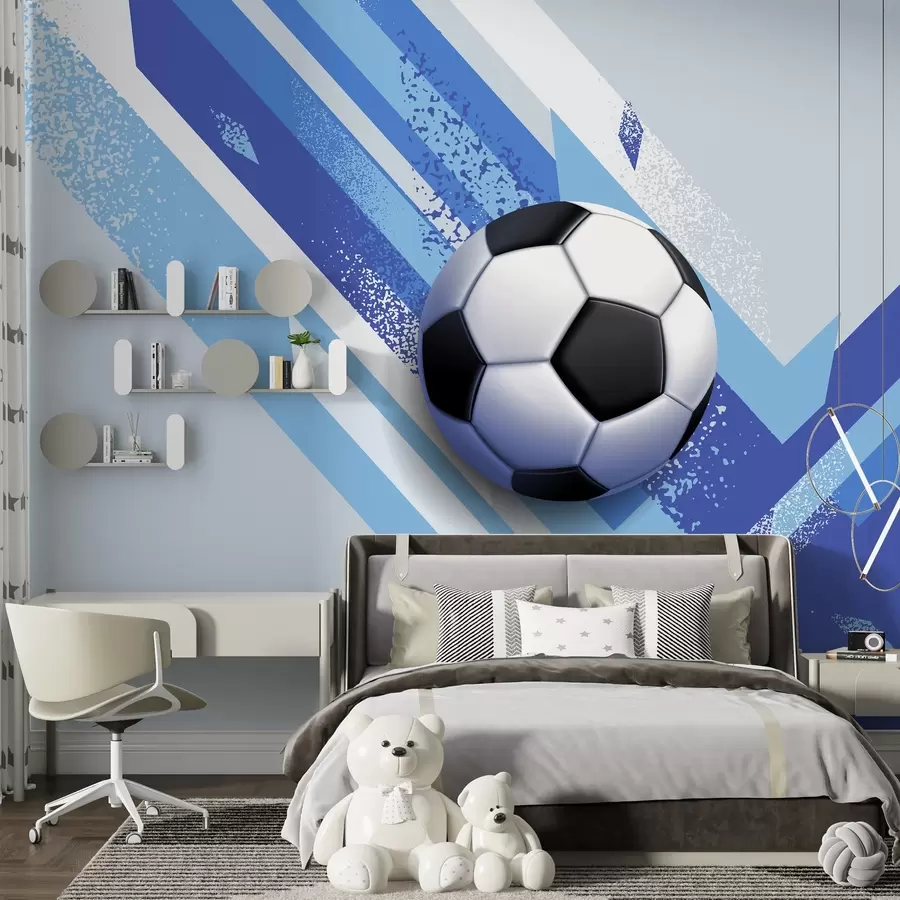 murales de pared balón de fútbol sobre fondo abstracto dinámico en colores azules w02347