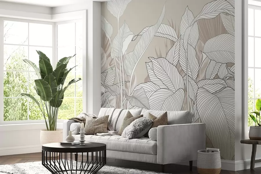 murales de pared Ilustración monocroma de grandes hojas y follaje estilizados con intrincadas líneas y texturas w08436v1