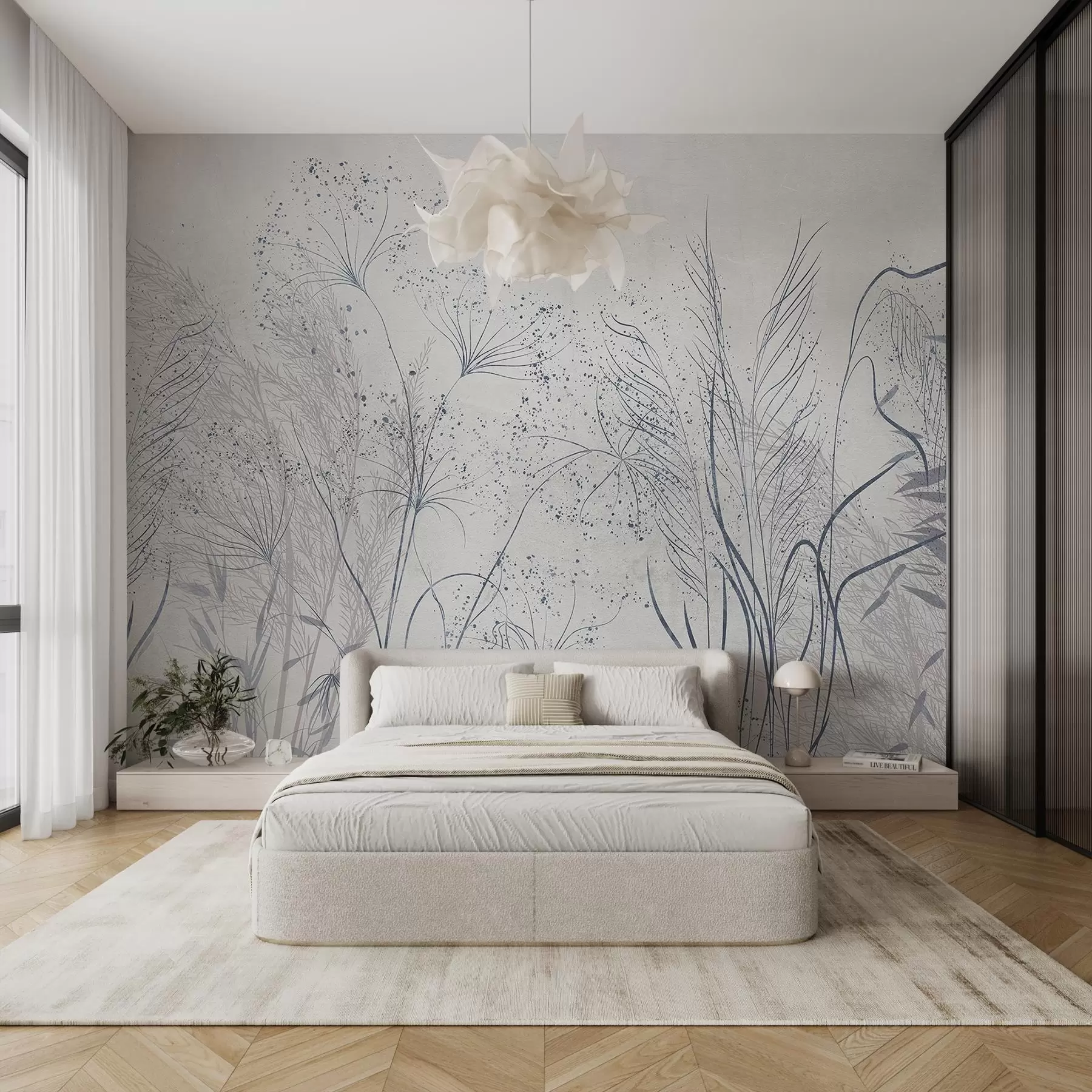 murales de pared Ilustración monocroma de varias plantas y espiguillas grises con líneas y texturas delicadas y tenues  w08441v1