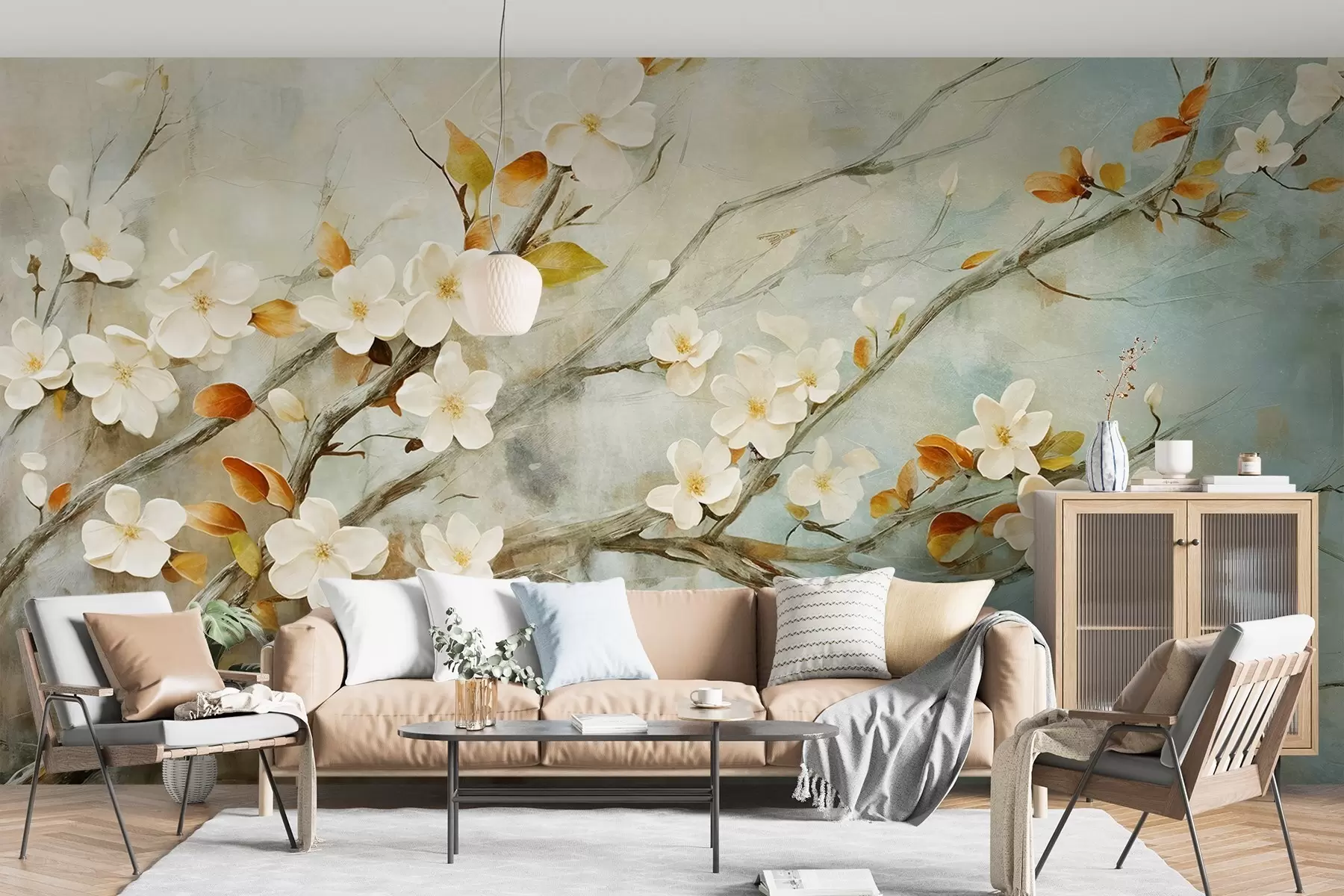 murales de pared Flores blancas de cerezo en ramas sobre un fondo azul y verde suave en estilo de pintura al óleo w08444