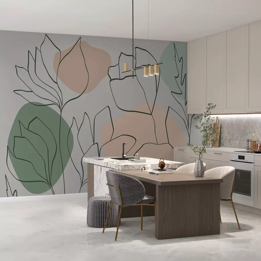 murales de pared Patrón vegetal con líneas sobre manchas w02425