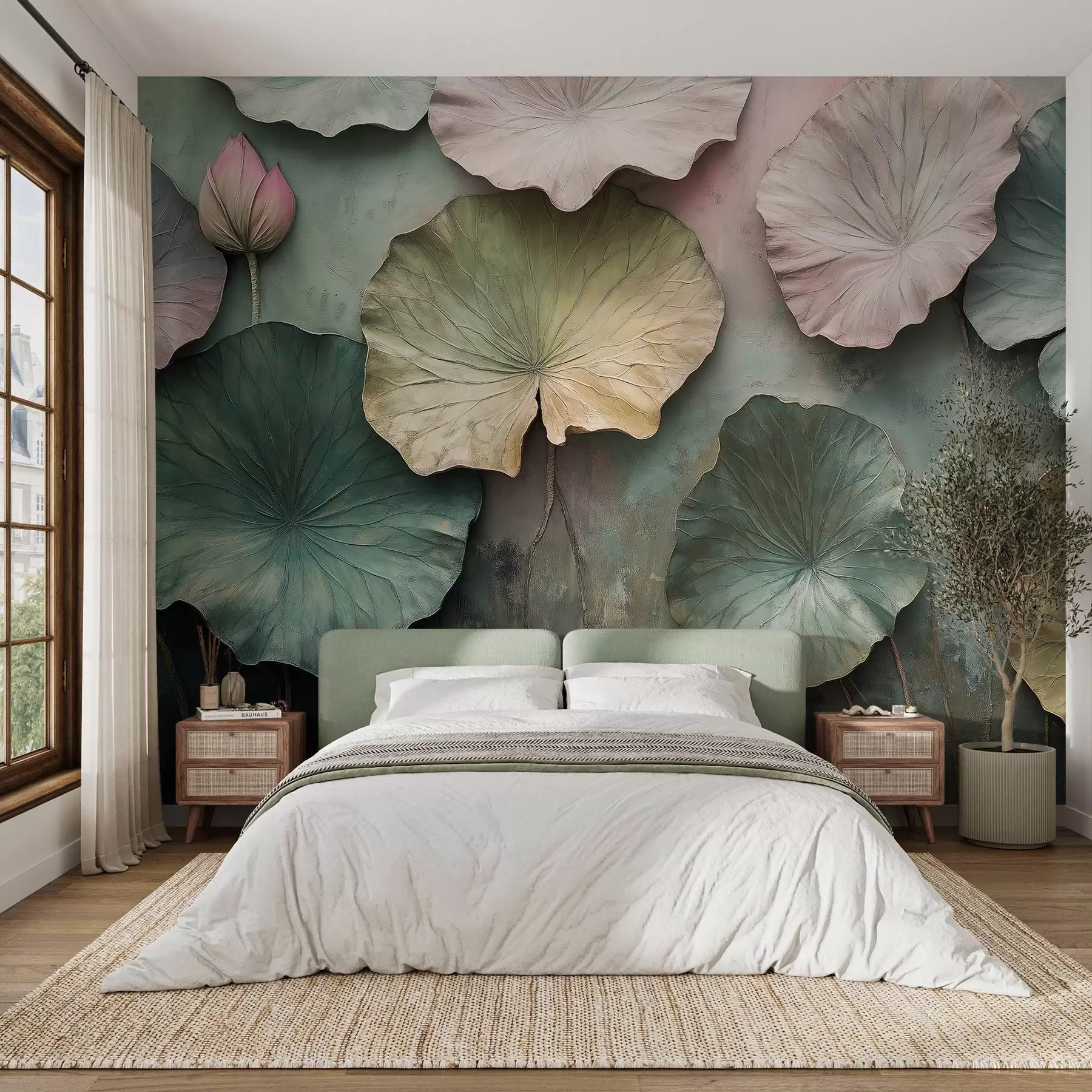 murales de pared hojas de loto en estilo pastel con efecto volumen w02441
