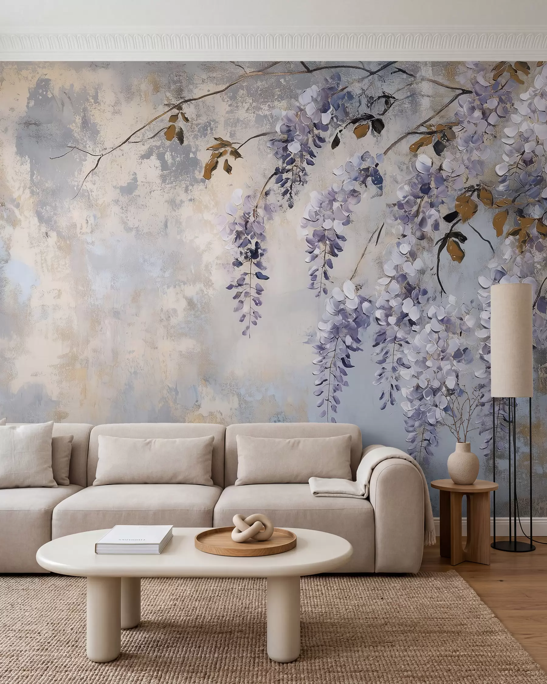 murales de pared papel pintado texturizado en colores suaves y apagados con delicadas flores y ramas de glicinia w02451