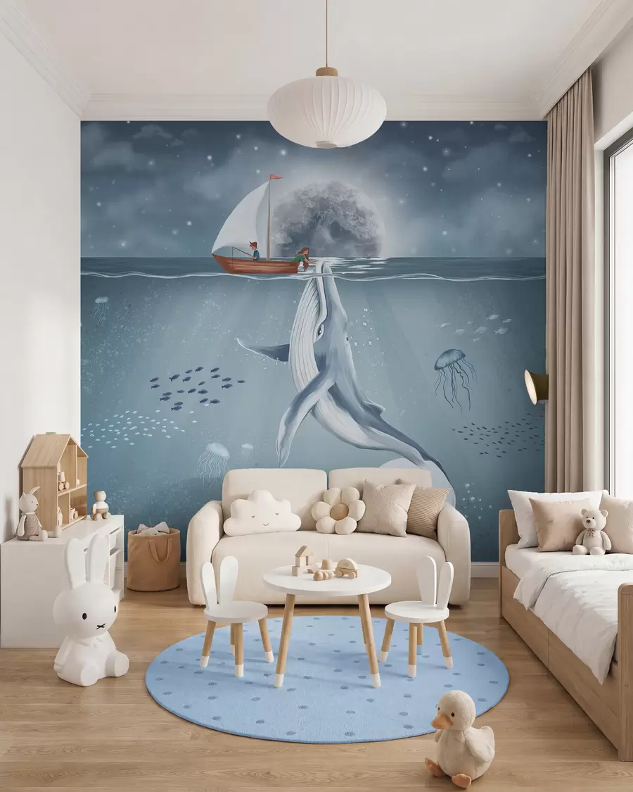 murales de pared Ballena y barca bajo la luna w02476