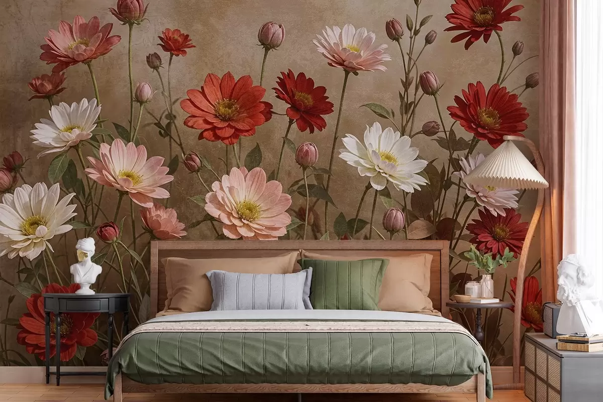 murales de pared Un campo de coloridas flores parecidas a margaritas en varios tonos de rosa, rojo y blanco sobre un fondo texturizado w08462