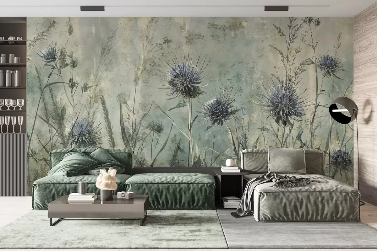 murales de pared Un campo de flores de cardo púrpura con flores borrosas y follaje en el fondo de textura vintage w08463