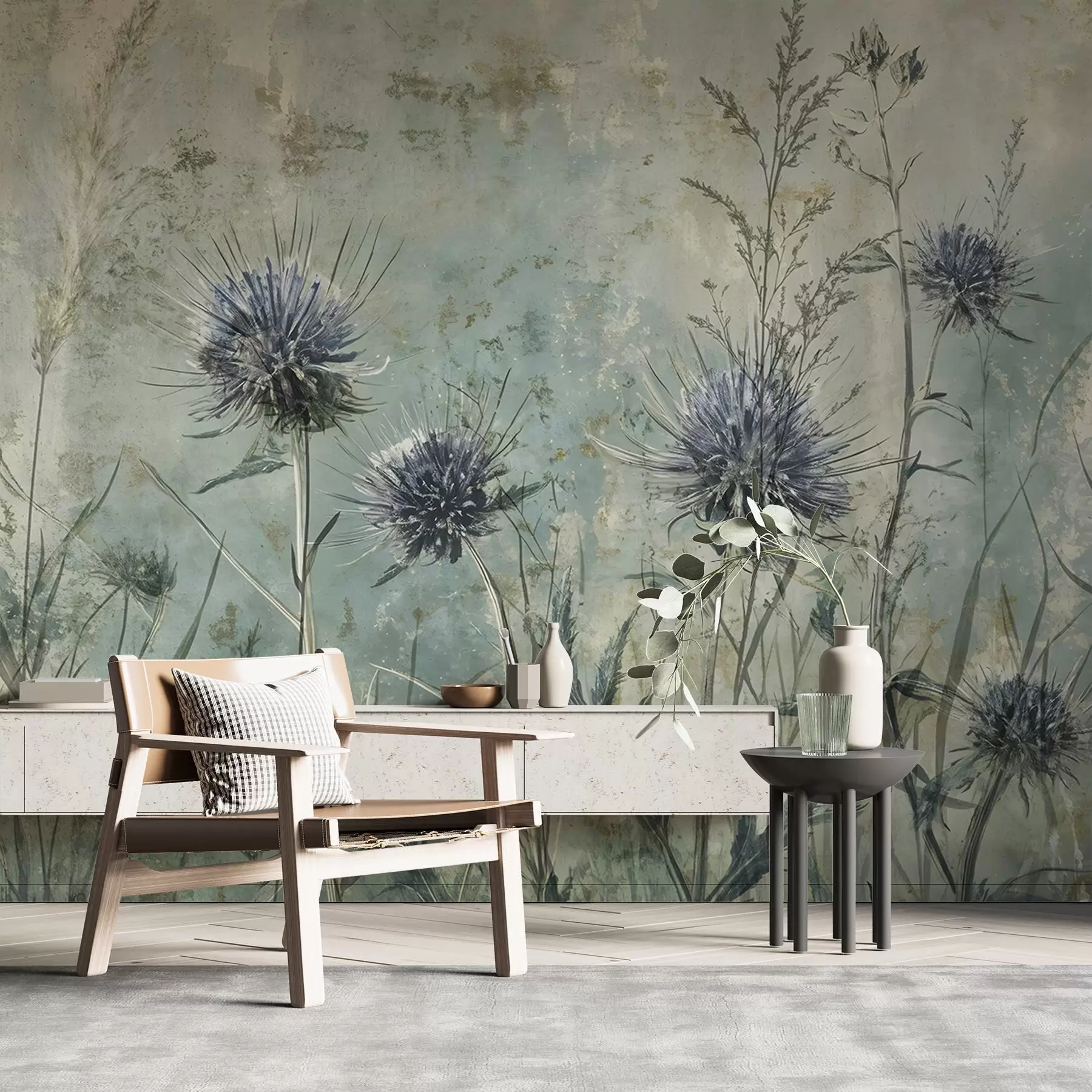 murales de pared Un campo de flores de cardo púrpura con flores borrosas y follaje en el fondo de textura vintage w08463