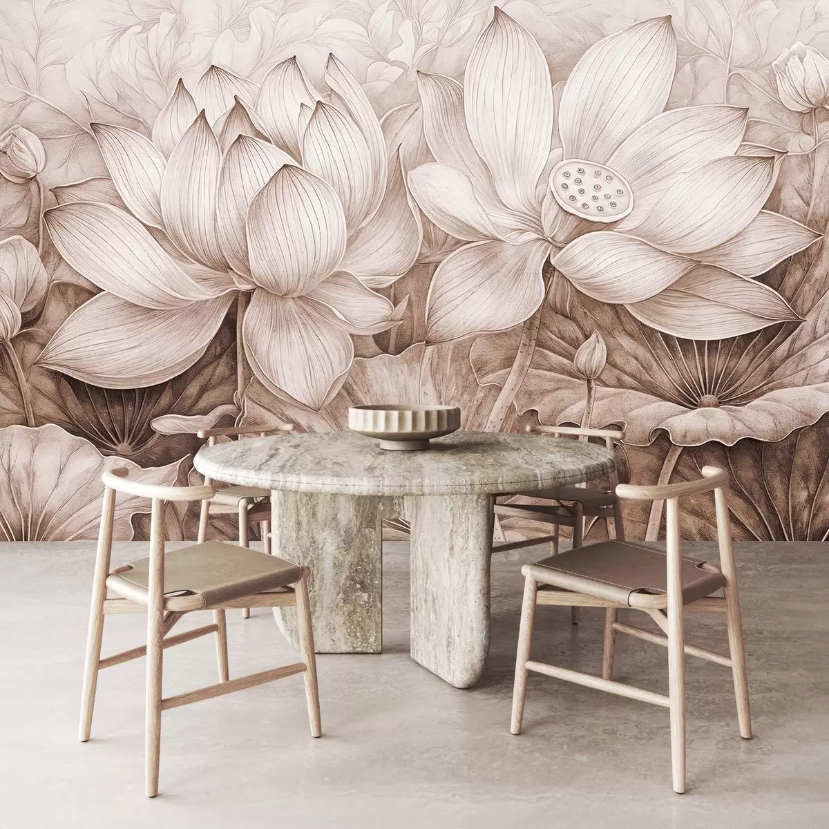 murales de pared Varias flores grandes de loto beige con textura detallada y hojas y tallos marrones sobre fondo claro w08465v1