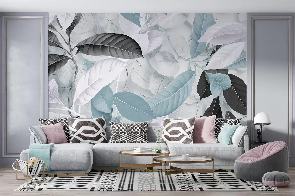 murales de pared Gran estampado de hojas azules y grises sobre un fondo con textura de hojas claras, que crea una exuberante sensación tropical w08468v1