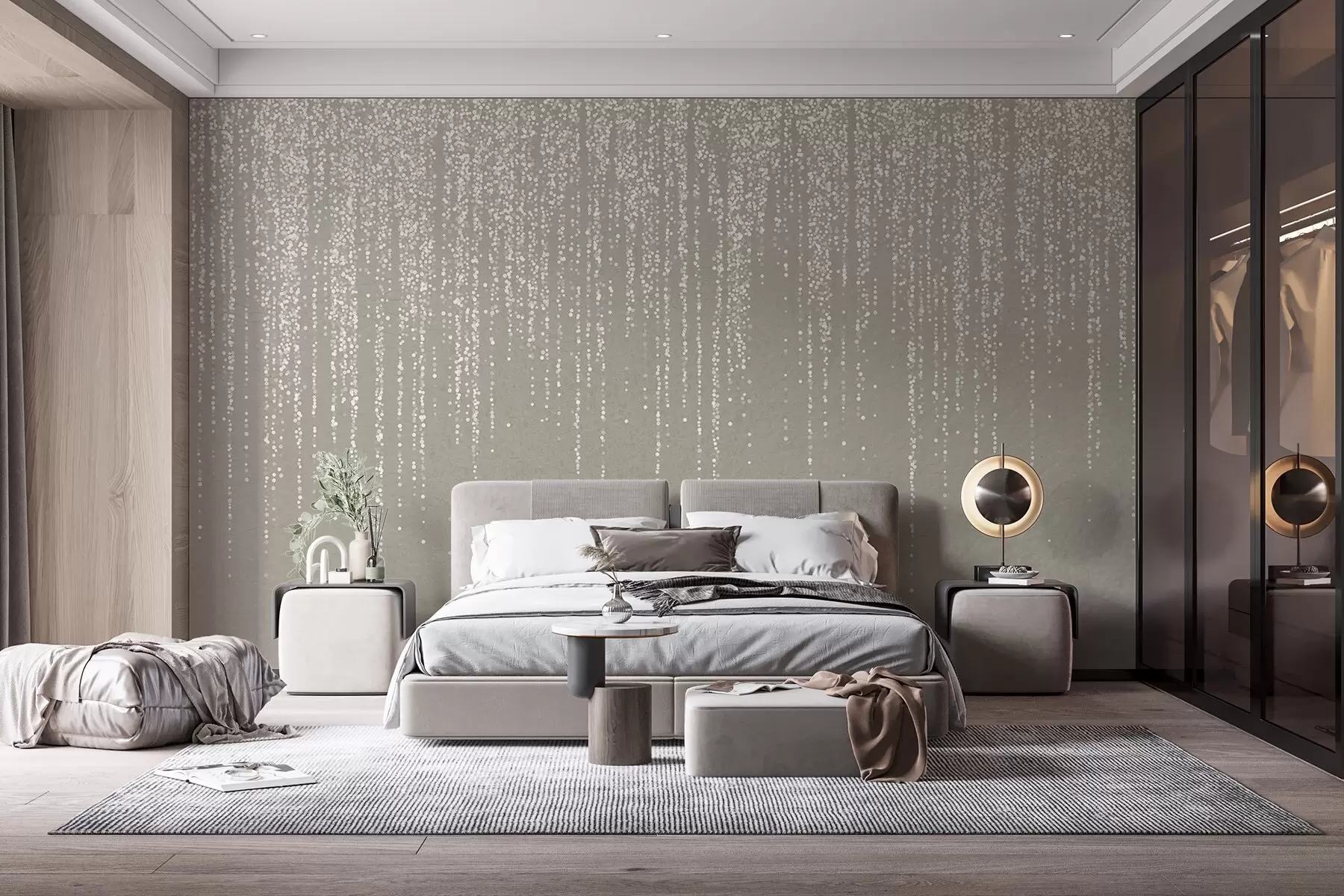 murales de pared Un elegante estampado vertical de guirnaldas punteadas sobre un fondo de textura beige, que crea una sensación de profundidad y movimiento w08470