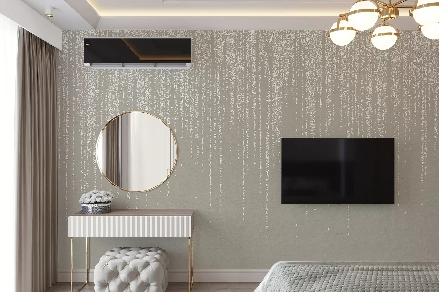 murales de pared Un elegante estampado vertical de guirnaldas punteadas sobre un fondo de textura beige, que crea una sensación de profundidad y movimiento w08470