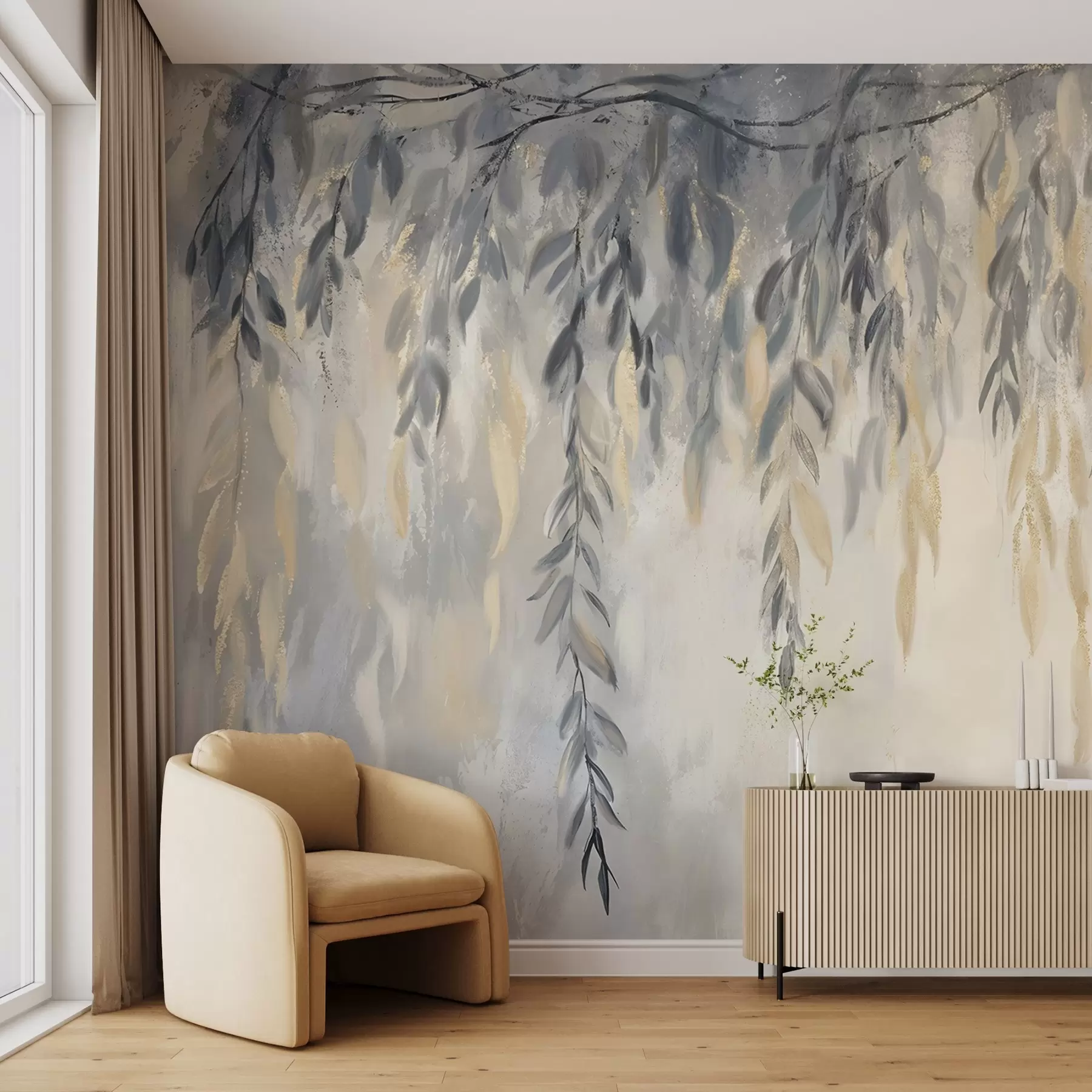 murales de pared Ramas de sauce con delicadas hojas colgando sobre un fondo de textura suave y difuminada w08473