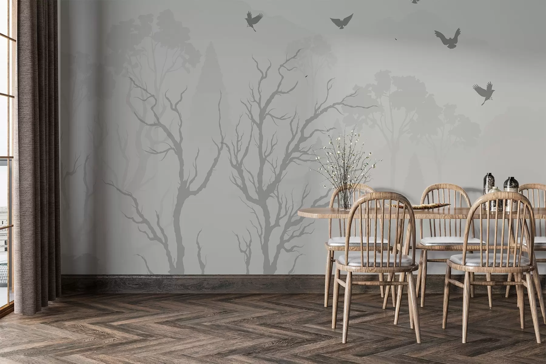 murales de pared Siluetas de árboles con pájaros en la niebla w02461