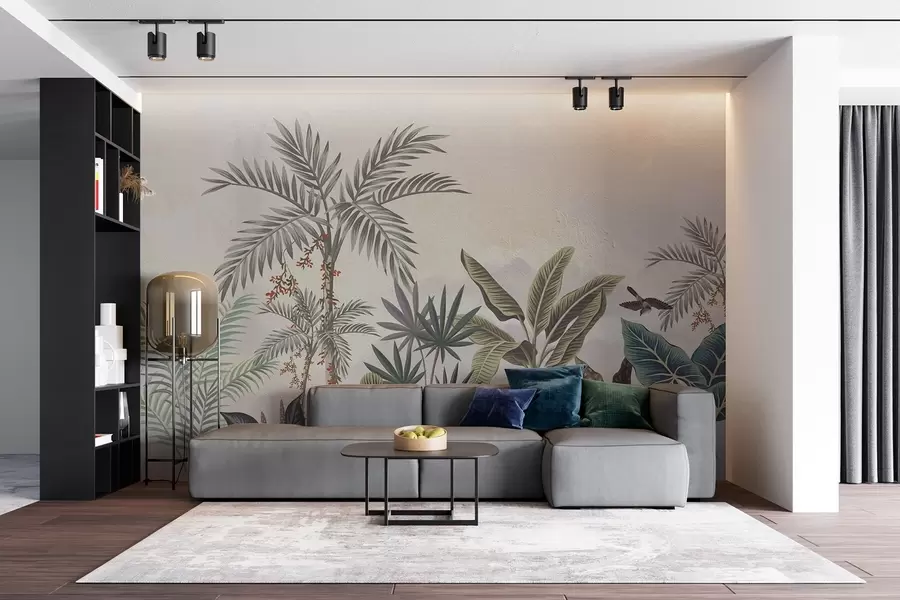murales de pared Selva tropical con palmeras y pájaros de colores w08496