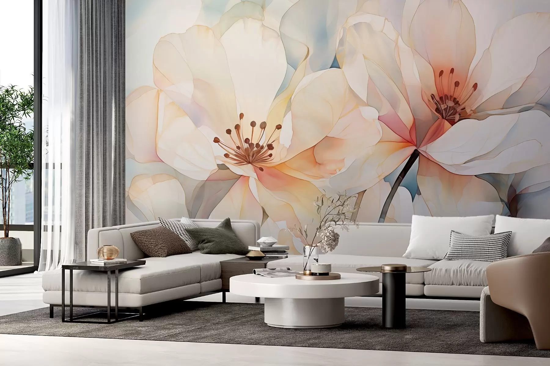 murales de pared Flores con grandes pétalos imitación acuarela w02501