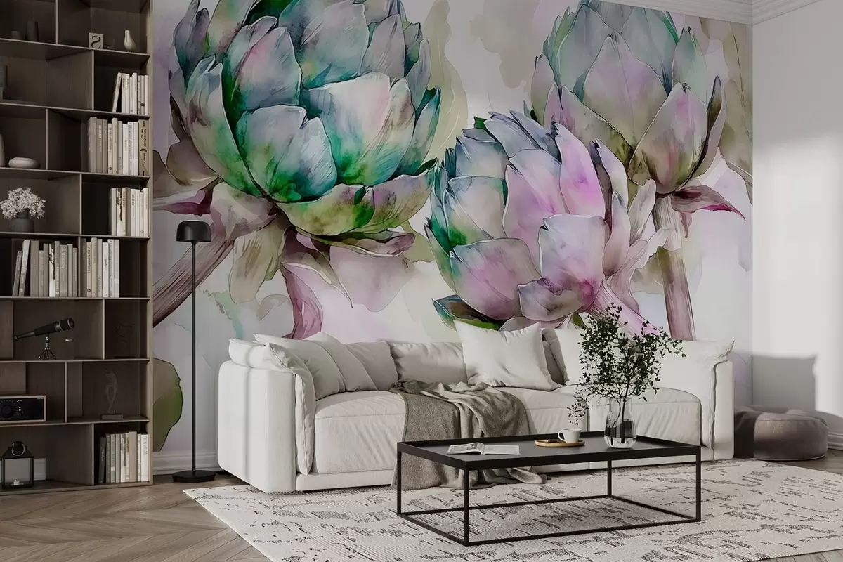murales de pared Alcachofas estilo acuarela, flores, morado y verde w02481