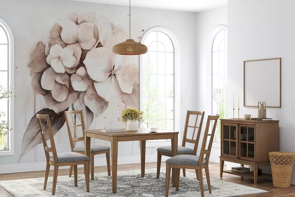 murales de pared Dibujo de hortensia, estilo acuarela, colores beige w02483