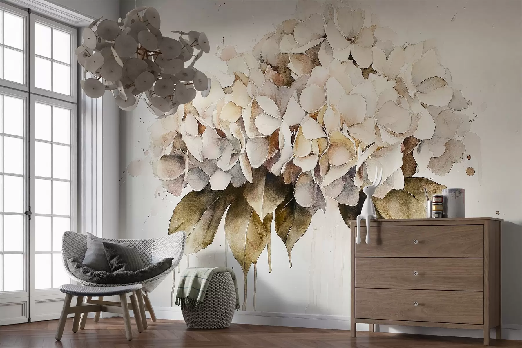murales de pared Dibujo estilo acuarela de flor de hortensia, colores beige w02485