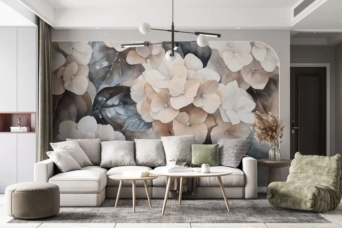 murales de pared Flores de hortensia, dibujo estilo acuarela, colores beige, floral w02488