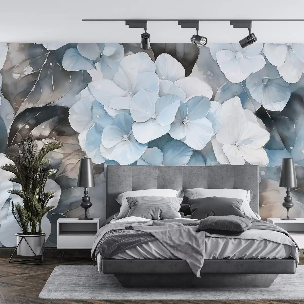 murales de pared Flores de hortensia, dibujo estilo acuarela, colores azules, floral w02488v1