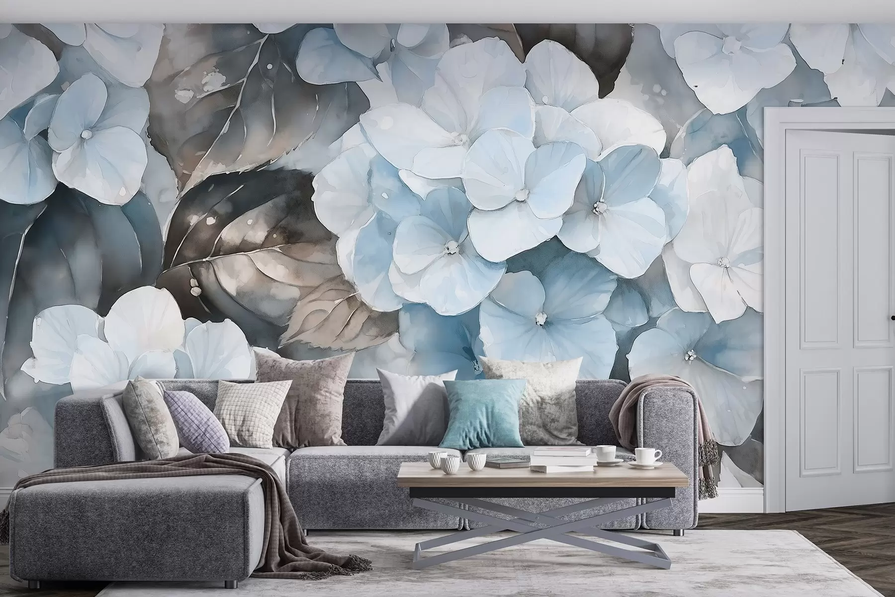 murales de pared Flores de hortensia, dibujo estilo acuarela, colores azules, floral w02488v1