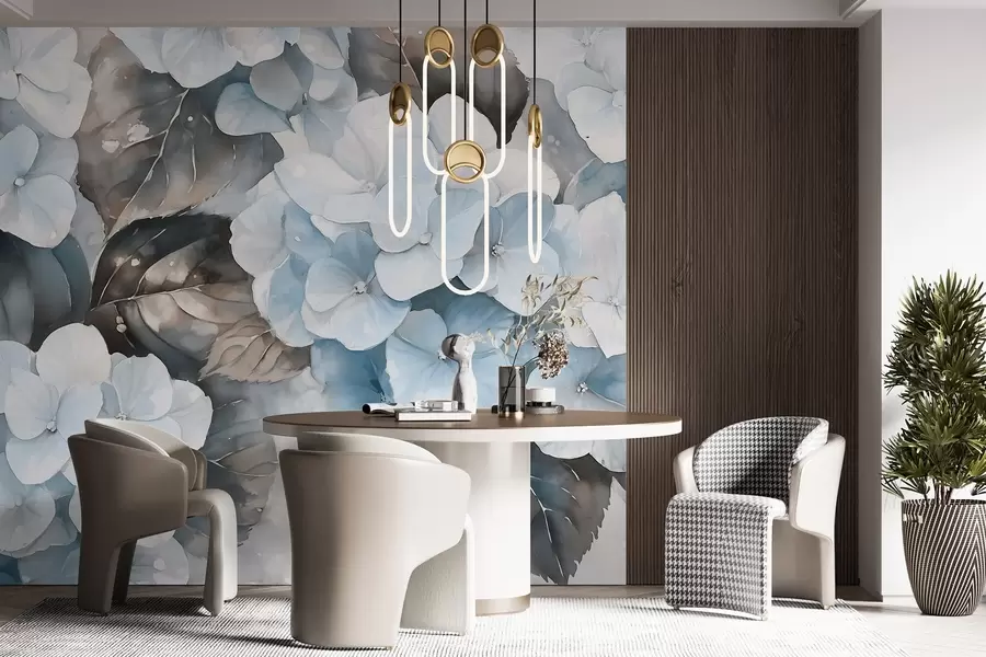 murales de pared Flores de hortensia, dibujo estilo acuarela, colores azules, floral w02488v1