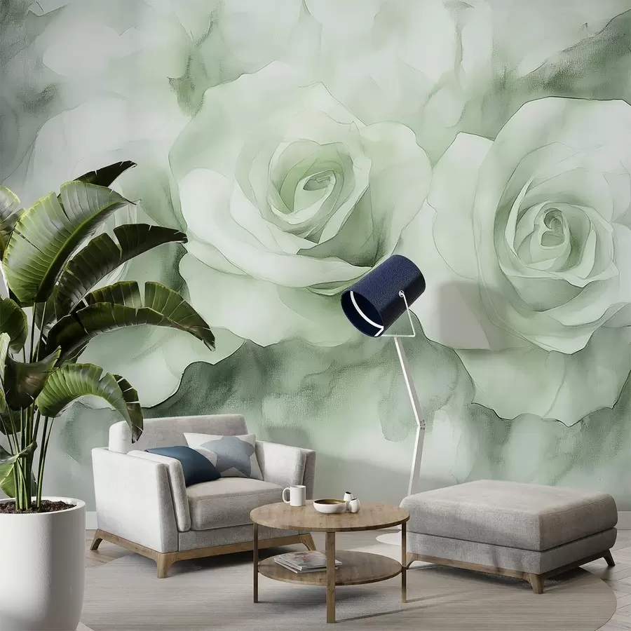 murales de pared Hermosas rosas, estilo acuarela, colores verdes, bohemio w02492v2