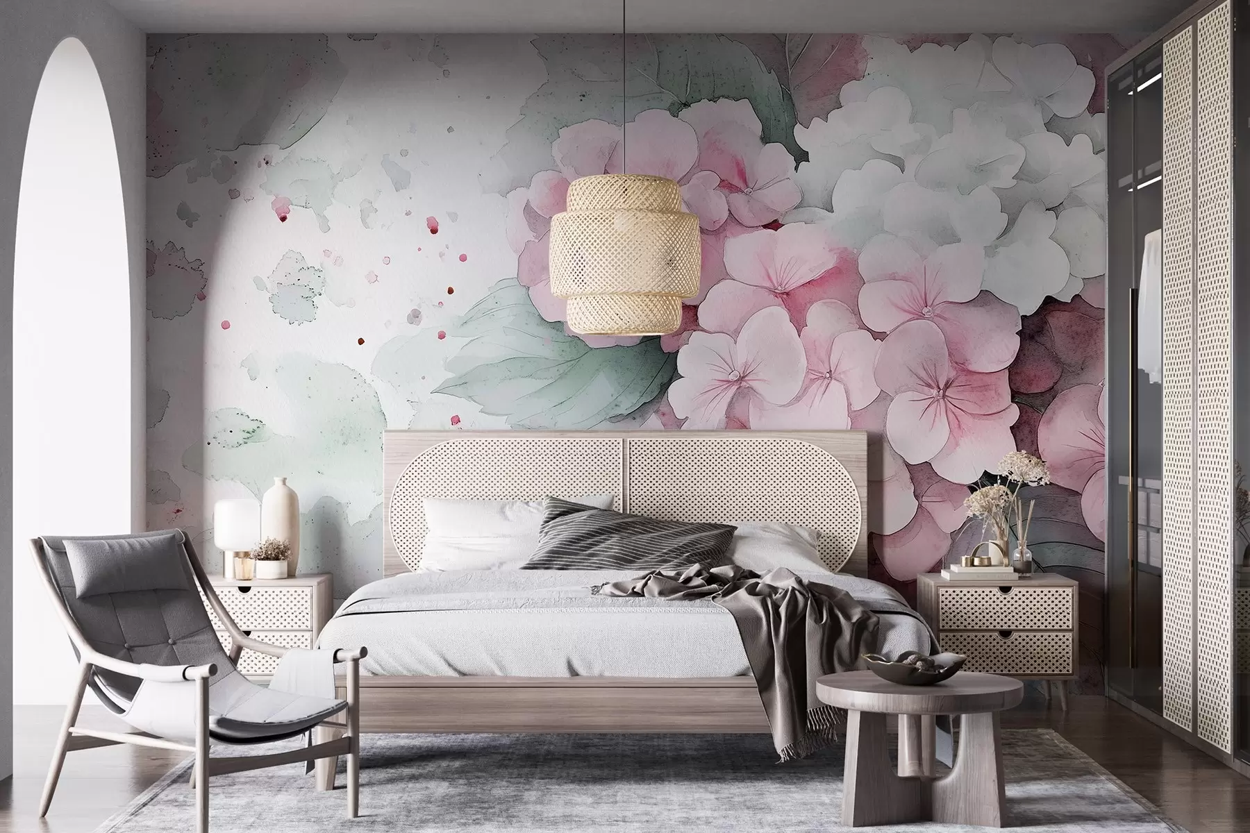 murales de pared Dibujo estilo acuarela de flores de hortensia con hojas, colores rosa suave y verde w02493v1